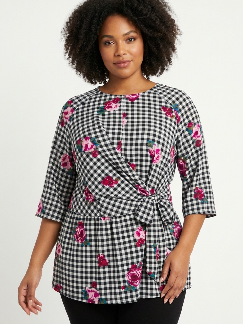 LANE BRYANT GINGHAM FLORAL SIDE TIE BLOUSE SZ 16 1X